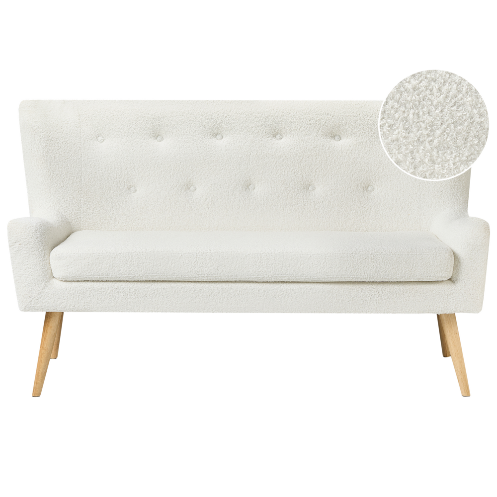 Divano da cucina Tappezzeria in poliestere bouclé bianco a 2 posti Wingback con gambe in legno chiaro