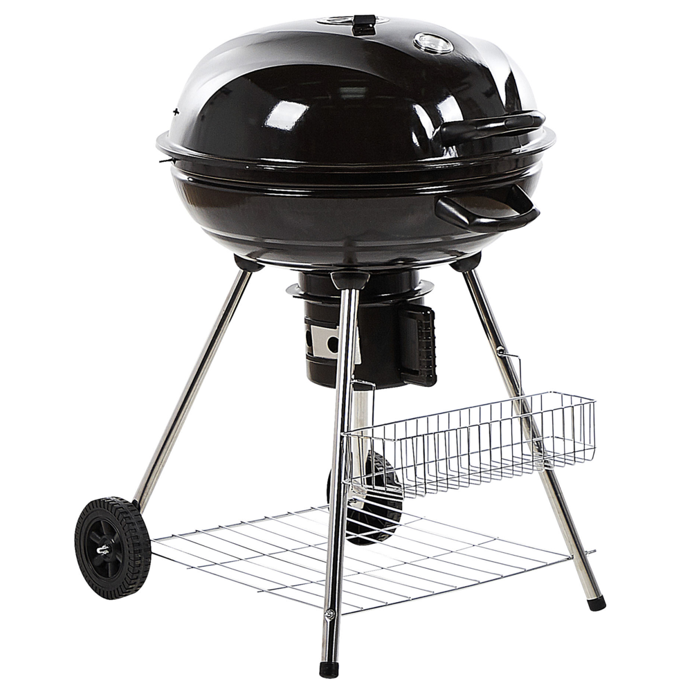 Image of Bollitore per barbecue a carbonella in acciaio Nero con coperchio con ruote per griglia da cucina con termometro
