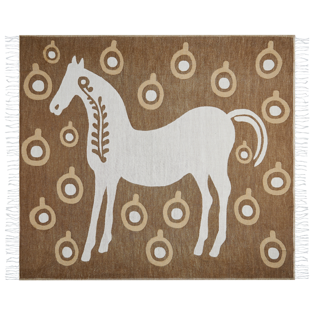Image of Coperta in acrilico marrone 130 x 170 cm copriletto in poliestere motivo cavallo con frange soggiorno camera da letto