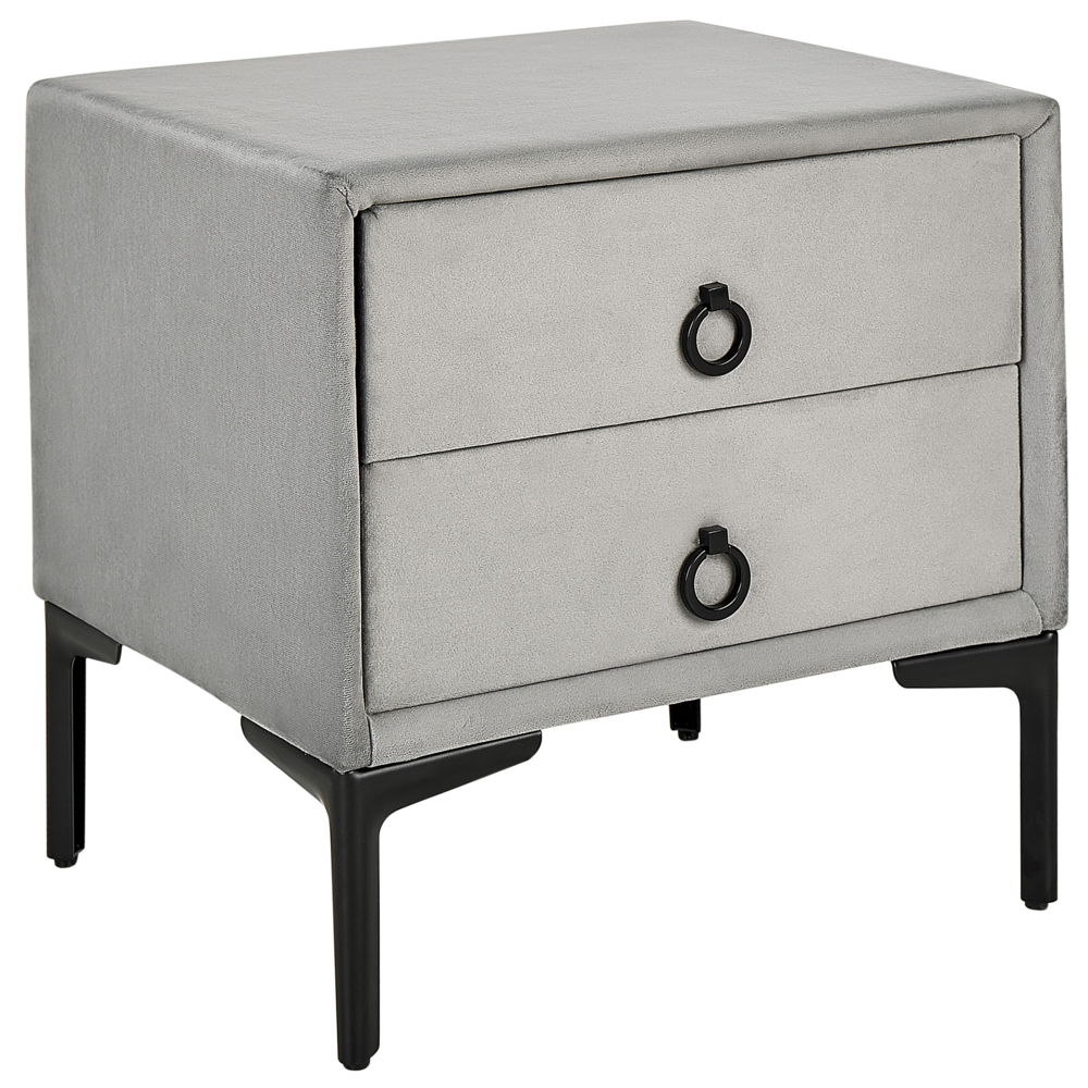Image of Comodino Velluto Grigio Chiaro Gambe in Metallo Nero con 2 Cassetti Contenitori 44x 38 cm Comodino