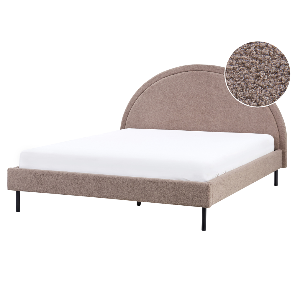 Letto matrimoniale in poliestere bouclè tortora imbottito con base a doghe e testiera rotonda 160 x 200 cm minimalista retrò