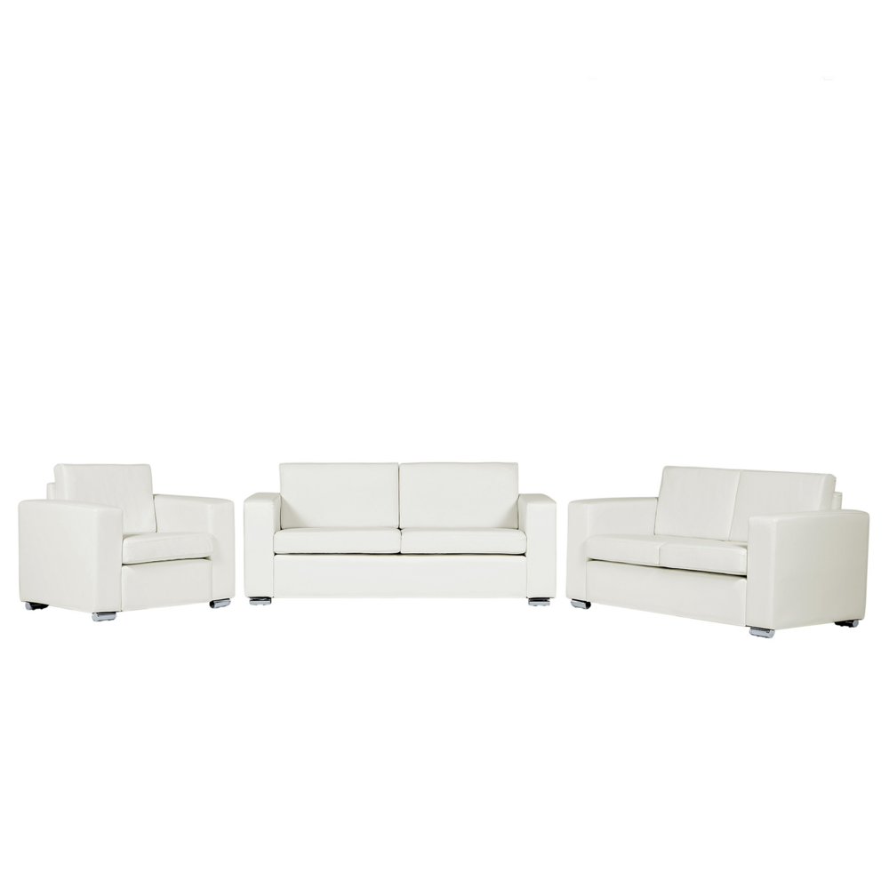 Divano Set Suite 3+2+1 Bianco Rivestimenti in Pelle Cromata Gambe Cromate 3 Posti Divano a Due Posti Poltrona Bundle