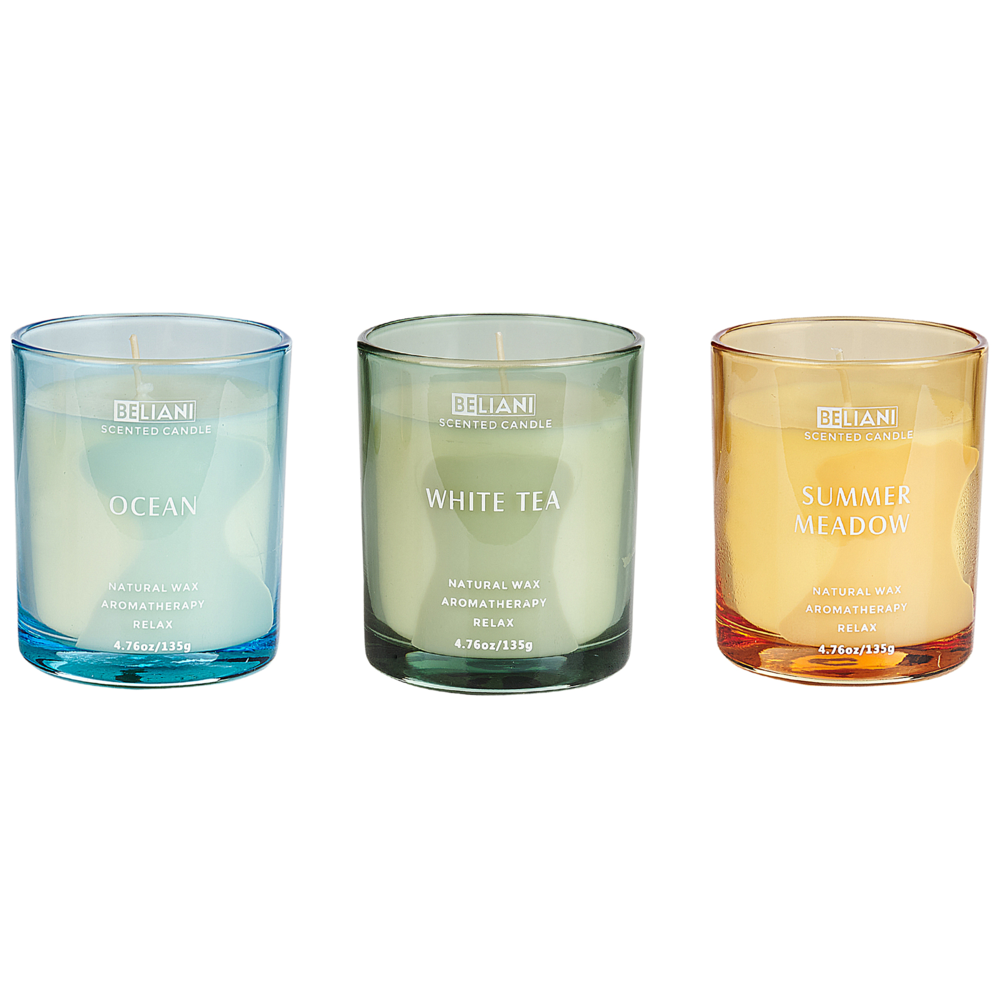 Image of Set di 3 candele profumate multicolore 100% cera di soia stoppino di cotone vetro Naturale Fragranza fresca Oceano, Tè bianco, Prato estivo