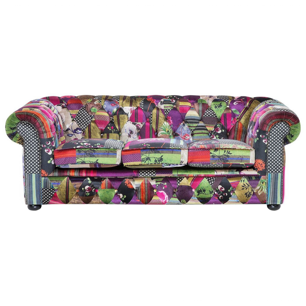 Image of Divano a 3 posti Tessuto Multicolore Braccioli a voluta con inserti porpora Patchwork Eclettico