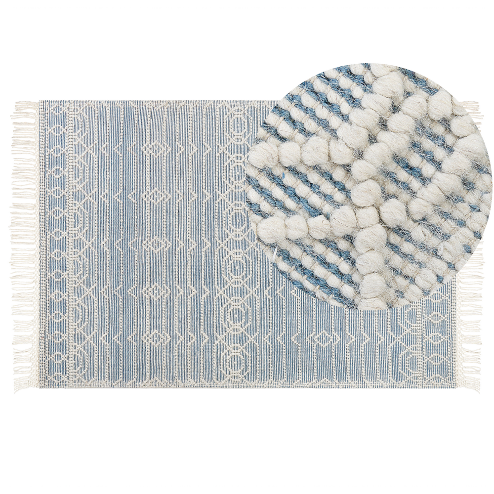 Image of Tappeto blu in lana e cotone 160 x 230 cm tessuto a mano a trama piatta con frange e motivo geometrico