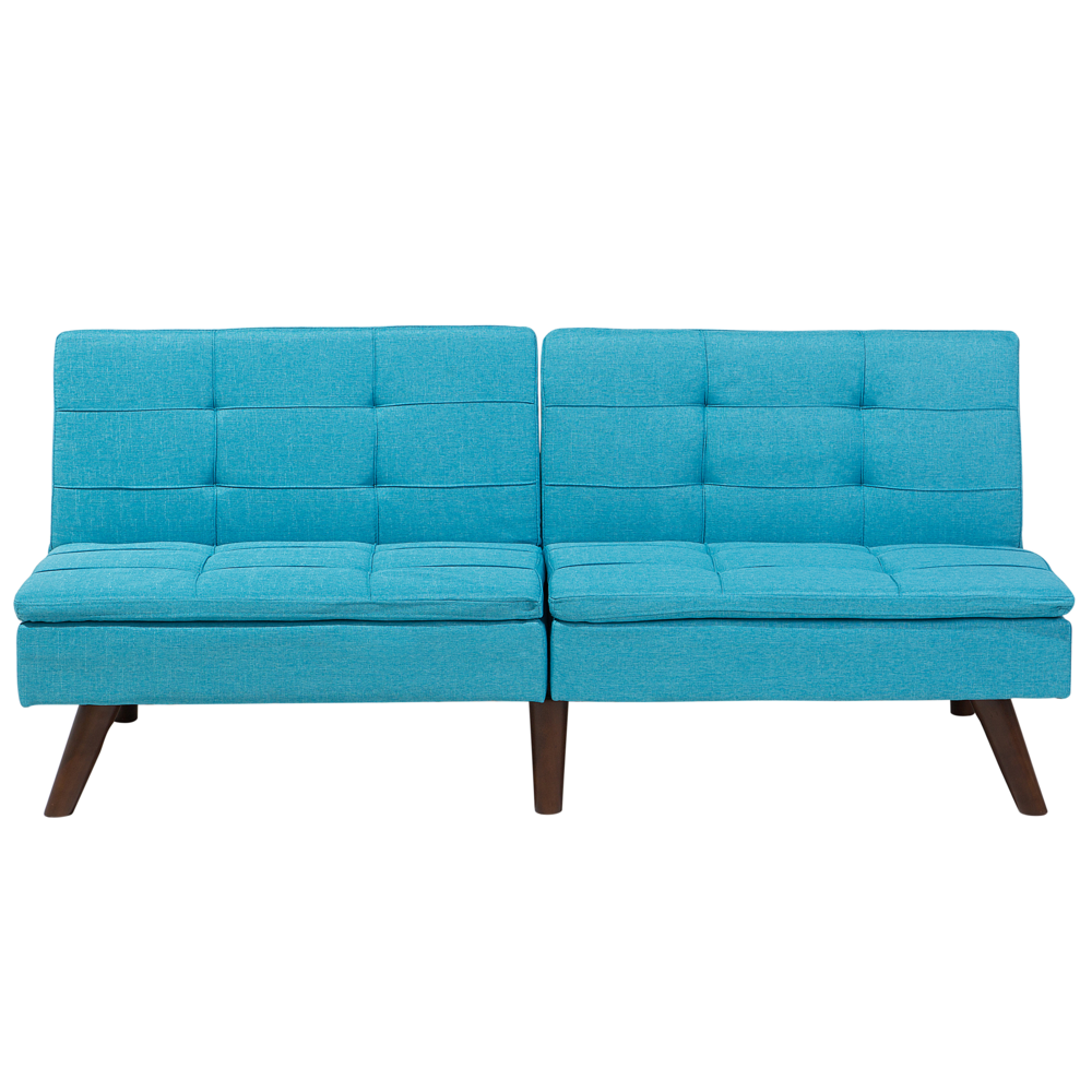 Image of Divano letto blu 3 posti trapuntato tappezzeria Click Clack gambe in metallo con schienale diviso