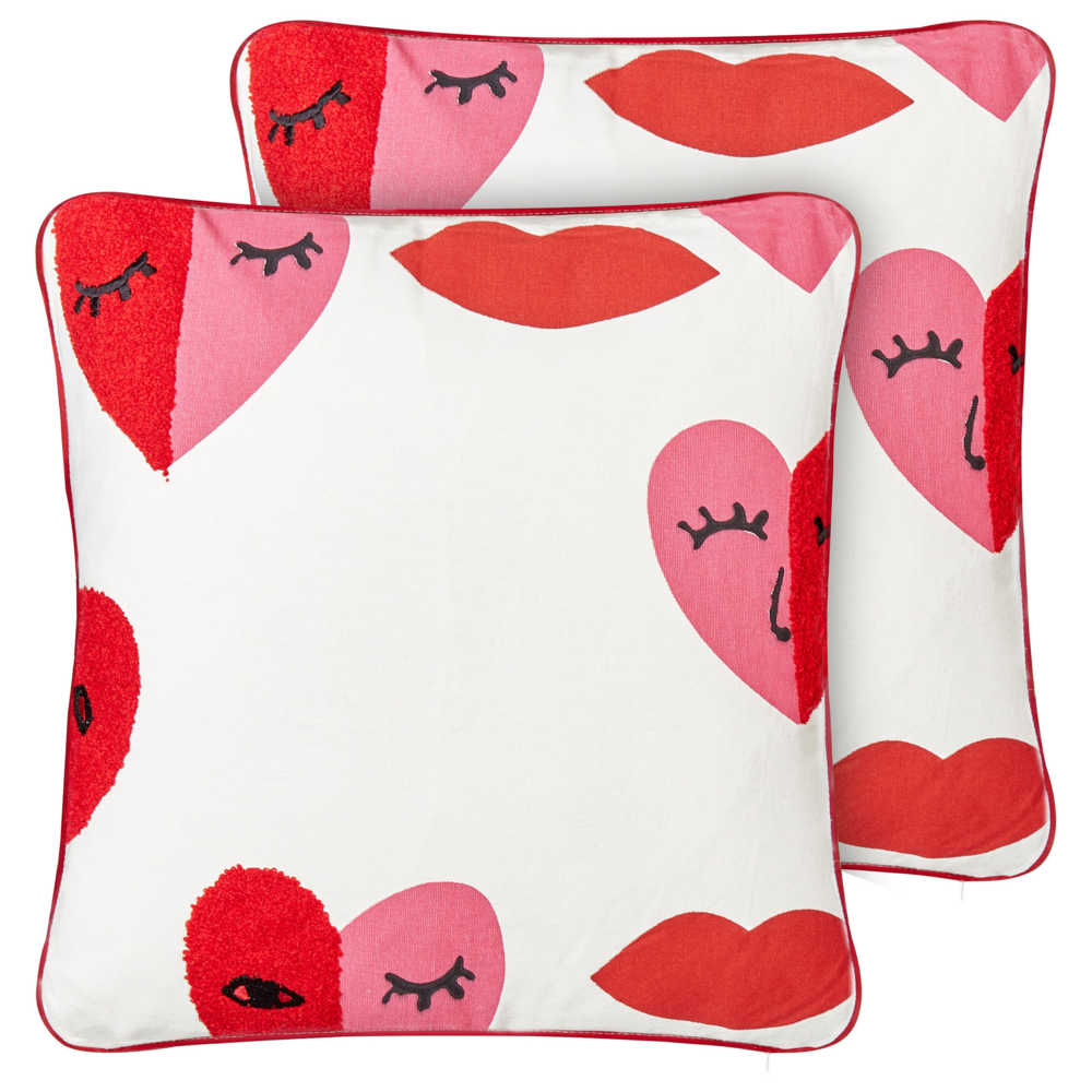 Image of Set di 2 cuscini decorativi in cotone bianco e rosso 45 x 45 cm Modello astratto sfoderabile Quadrato Accessori decorativi moderni
