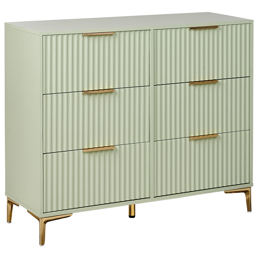 Cassettiera Verde MDF 6 Cassetti Gambe in Metallo Maniglie Fronti Scanalati Design Moderno Camera da Letto Soggiorno