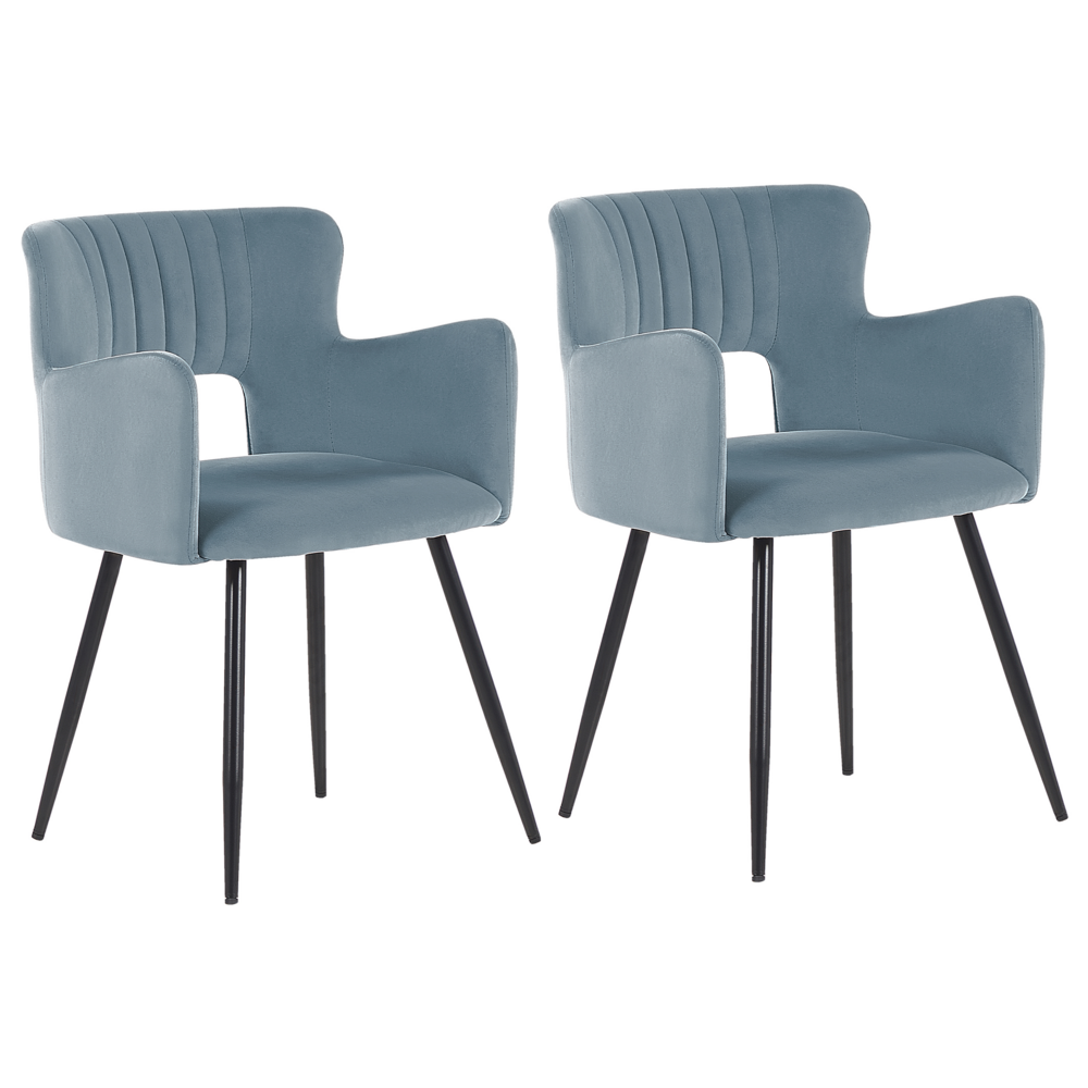 Image of Set di 2 sedie da pranzo velluto azzurro braccioli schienale intagliato gambe in metallo moderna industriale