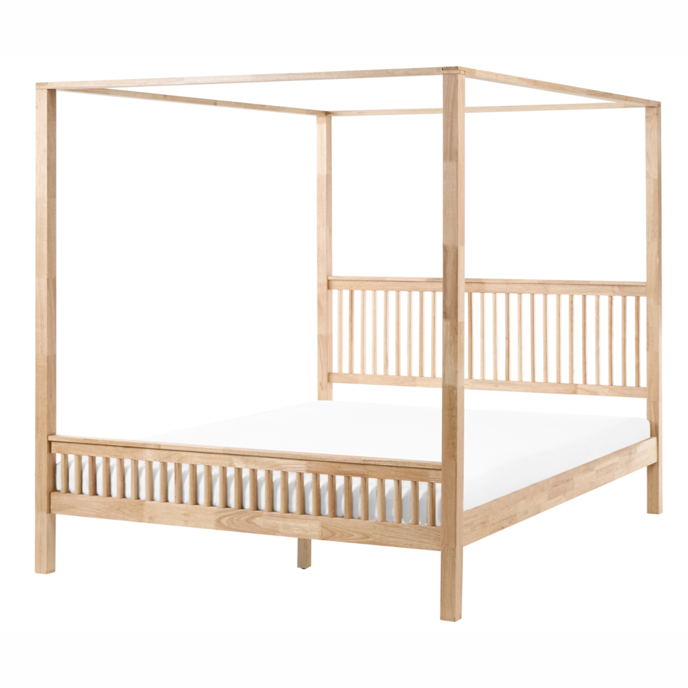 Letto matrimoniale a baldacchino stile minimalista con rete in legno di gomma e doghe marrone chiaro 180 x 200 cm