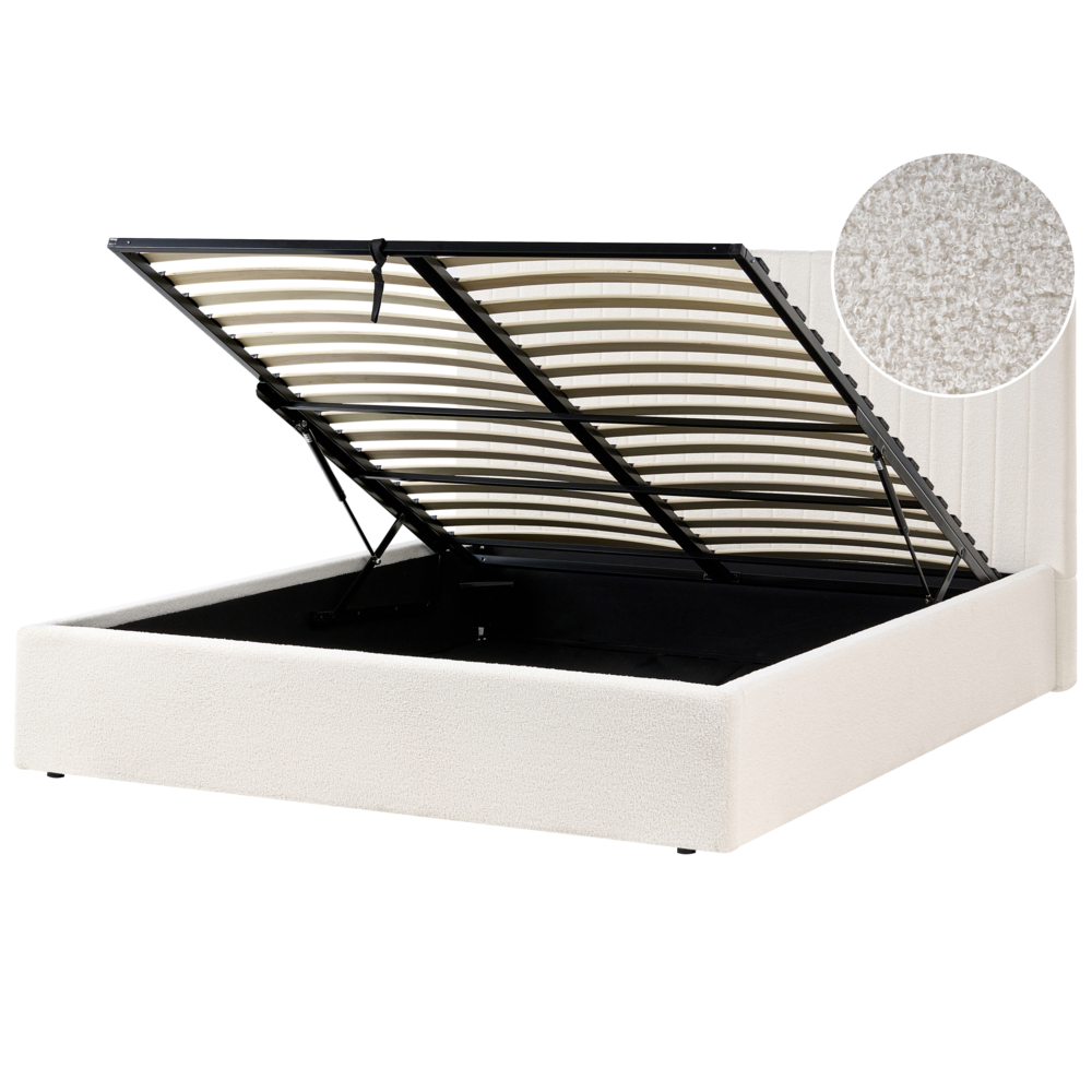 Letto matrimoniale Rivestimento bouclé bianco sporco 160 x 200 cm Testiera trapuntata Funzione contenitore