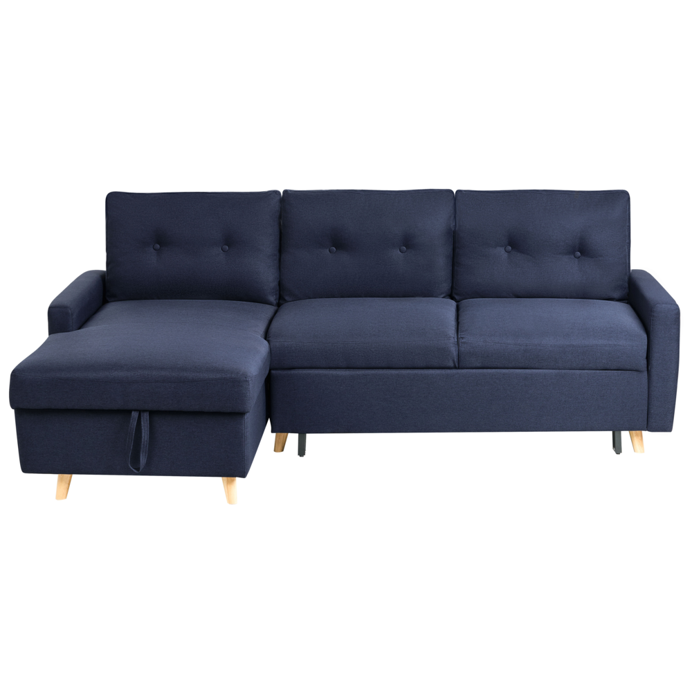 Divano letto ad angolo in tessuto blu 4 posti contenitore a forma di L con orientamento a versione destra