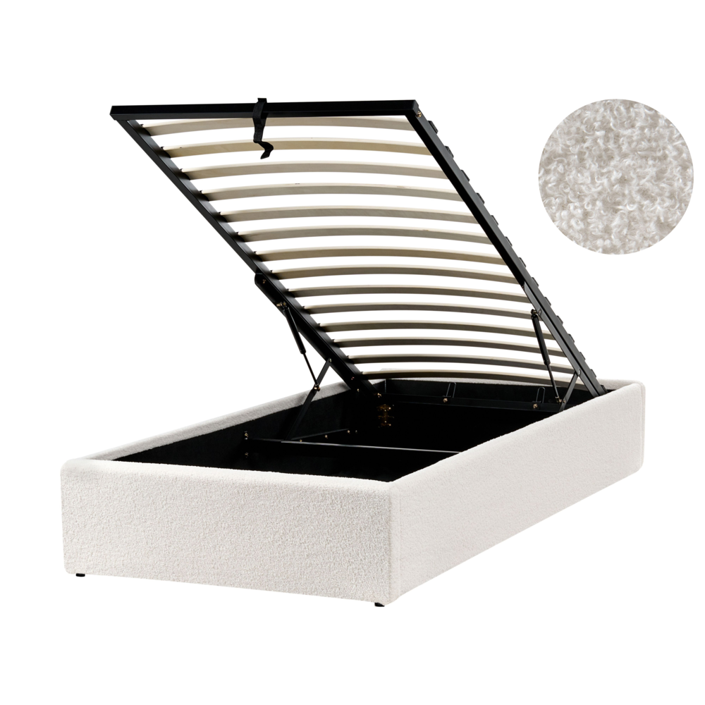 Letto singolo con contenitore in tessuto bouclè bianco sporco 90 x 200 cm portaoggetti stile moderno