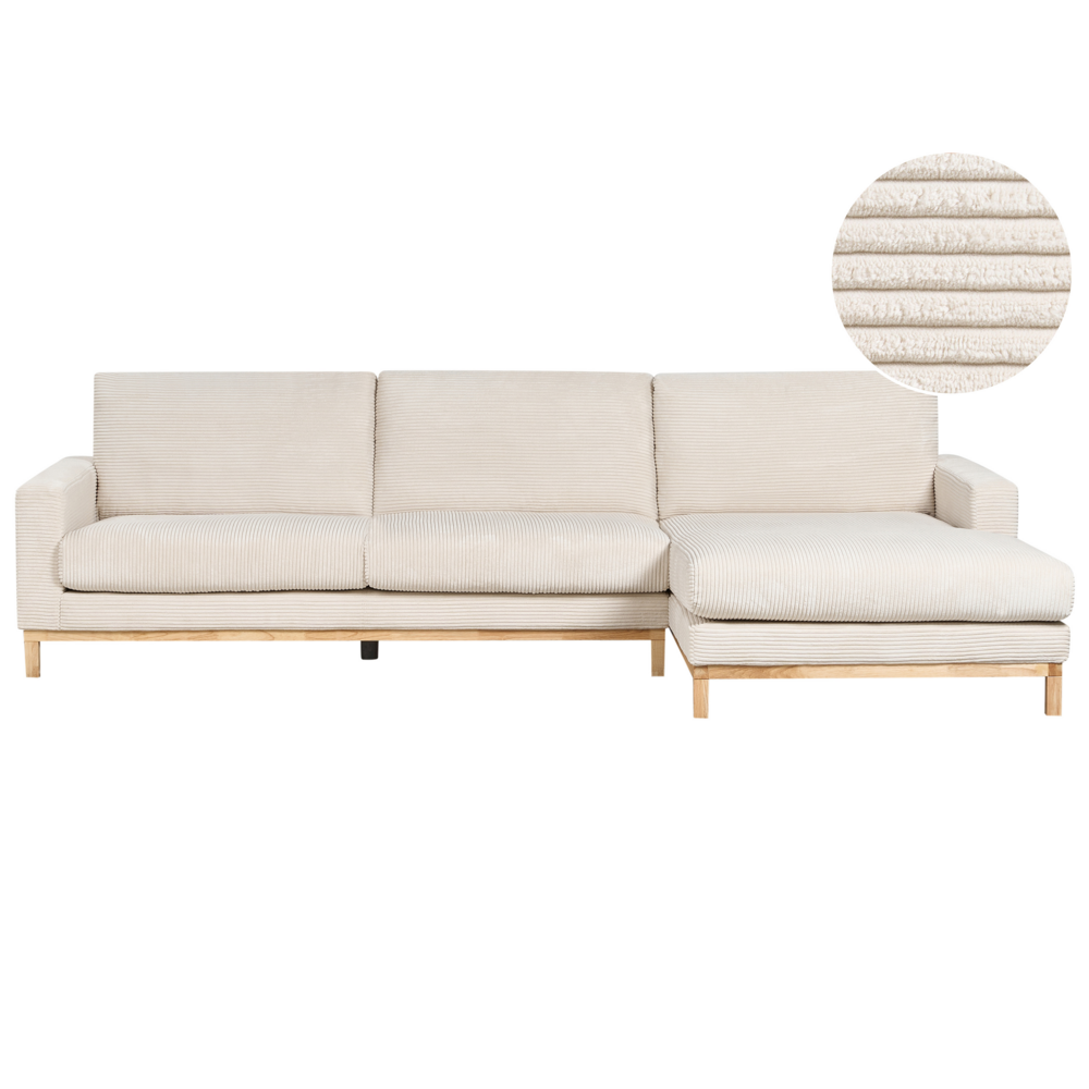 Divano angolare a sinistra Tappezzeria in corda jumbo beige chiaro Gambe in legno Elegante