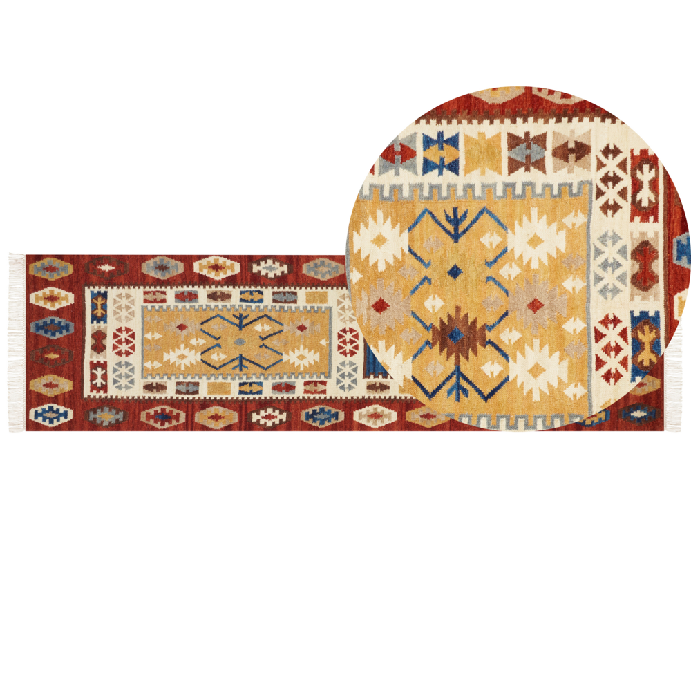 Image of Tappeto kilim in lana multicolore fatto a mano motivo orientale 80 x 300 cm nappe soggiorno camera da letto
