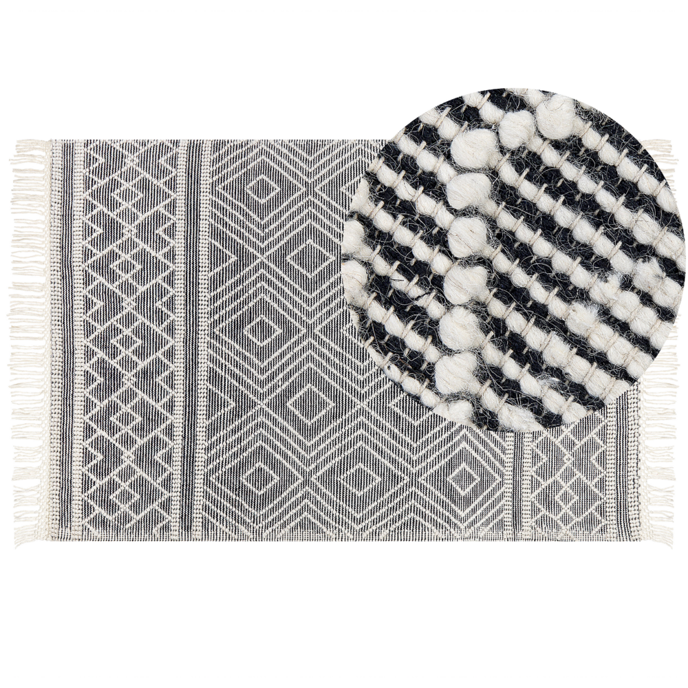Image of Tappeto in lana e cotone bianco e nero 160 x 230 cm, tessuto a mano a trama piatta con frange e motivo geometrico