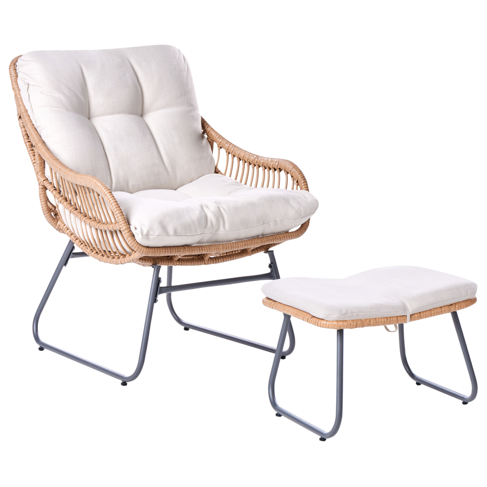Sedia da giardino con poggiapiedi in rattan PE naturale con gambe in acciaio Cuscini beige chiaro Mobili da giardino