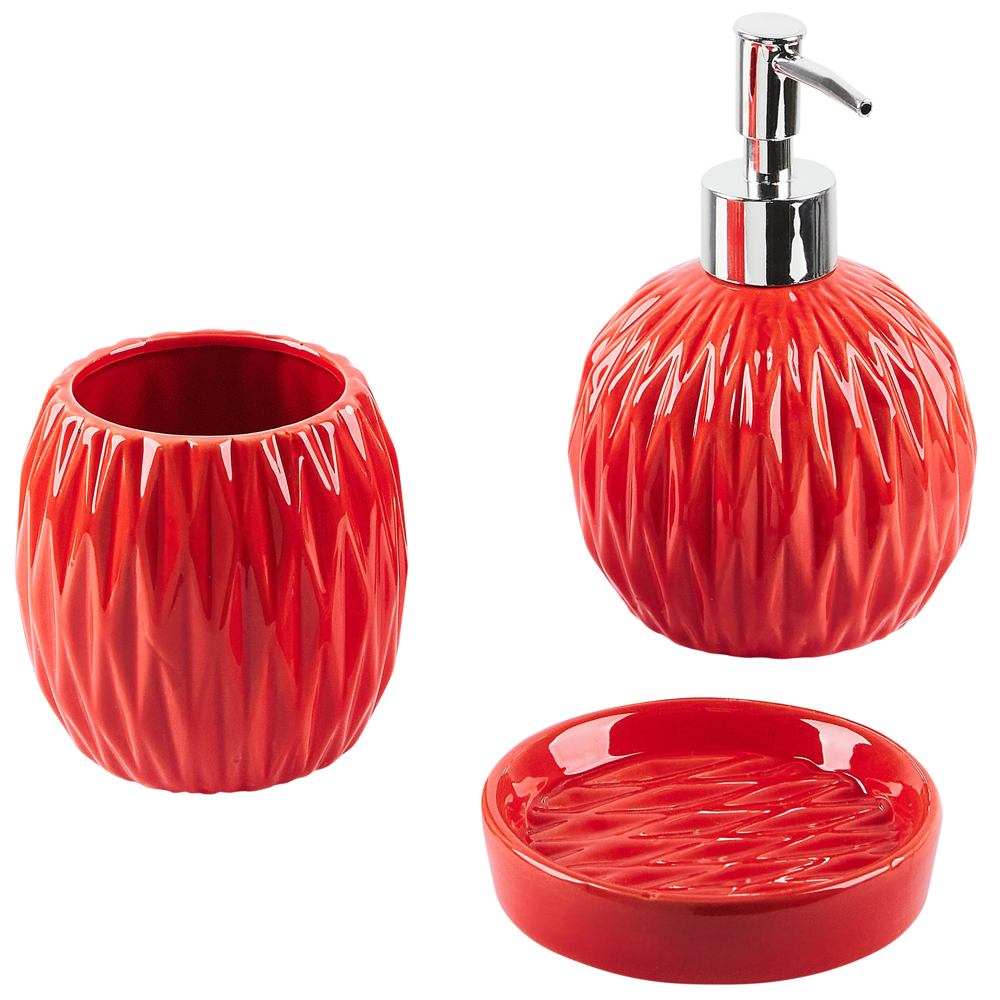 Image of Set di 3 Accessori Bagno in Ceramica rossa dispenser sapone porta sapone portaspazzolini