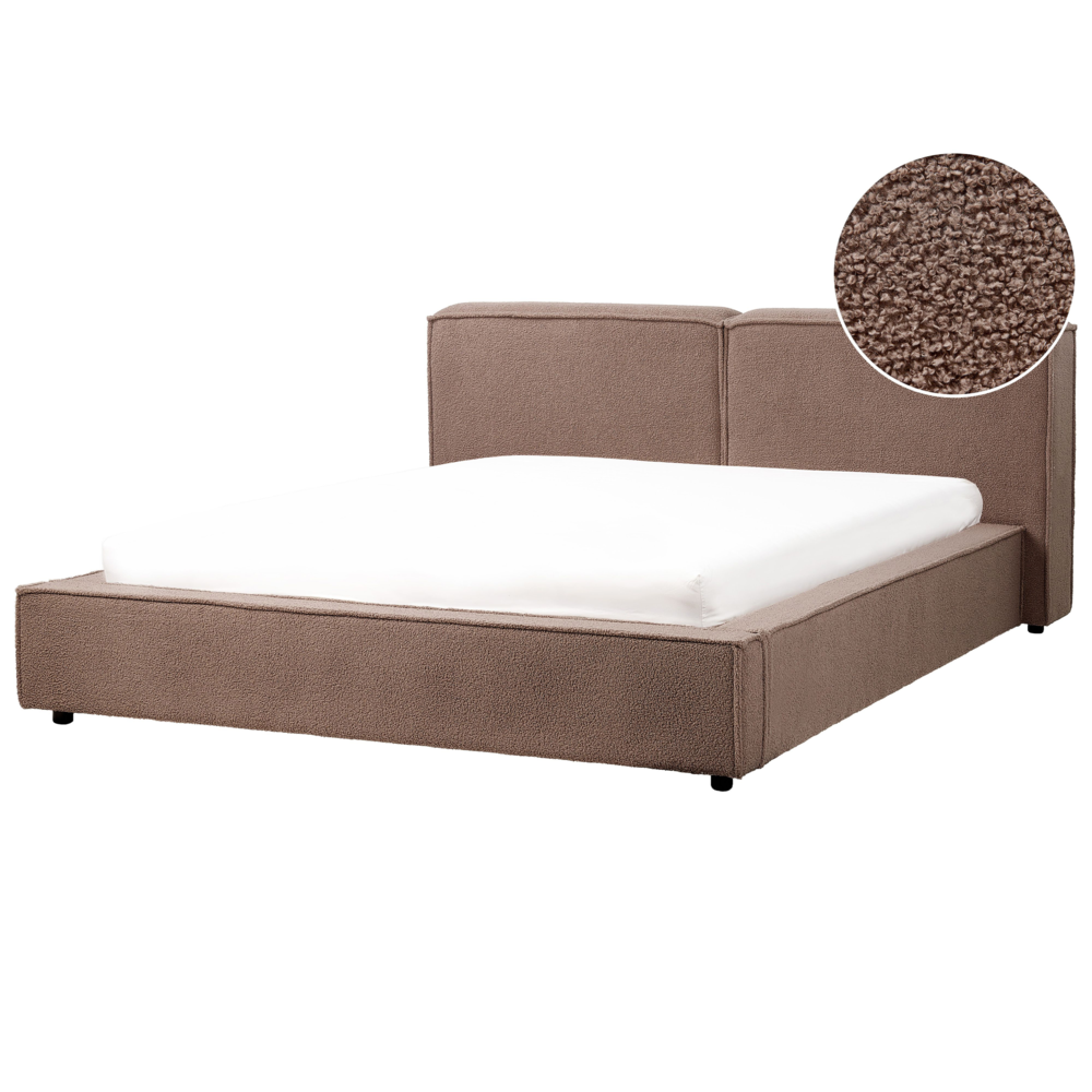 Image of Letto matrimoniale in bouclé marrone con struttura a doghe 160 x 200 cm con spessa testiera imbottita e pediera