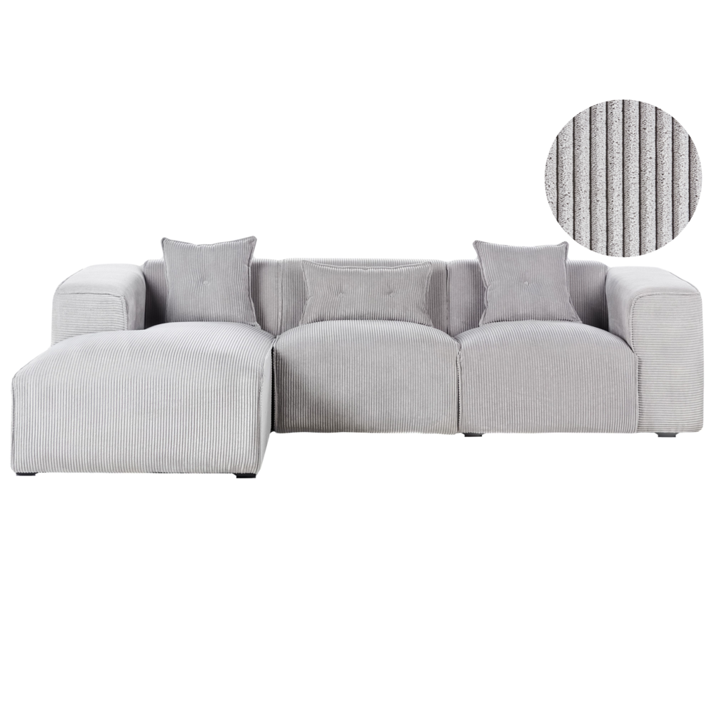 Divano Angolare lato destro in velluto a coste grigio chiaro con cuscini decorativi stile Moderno