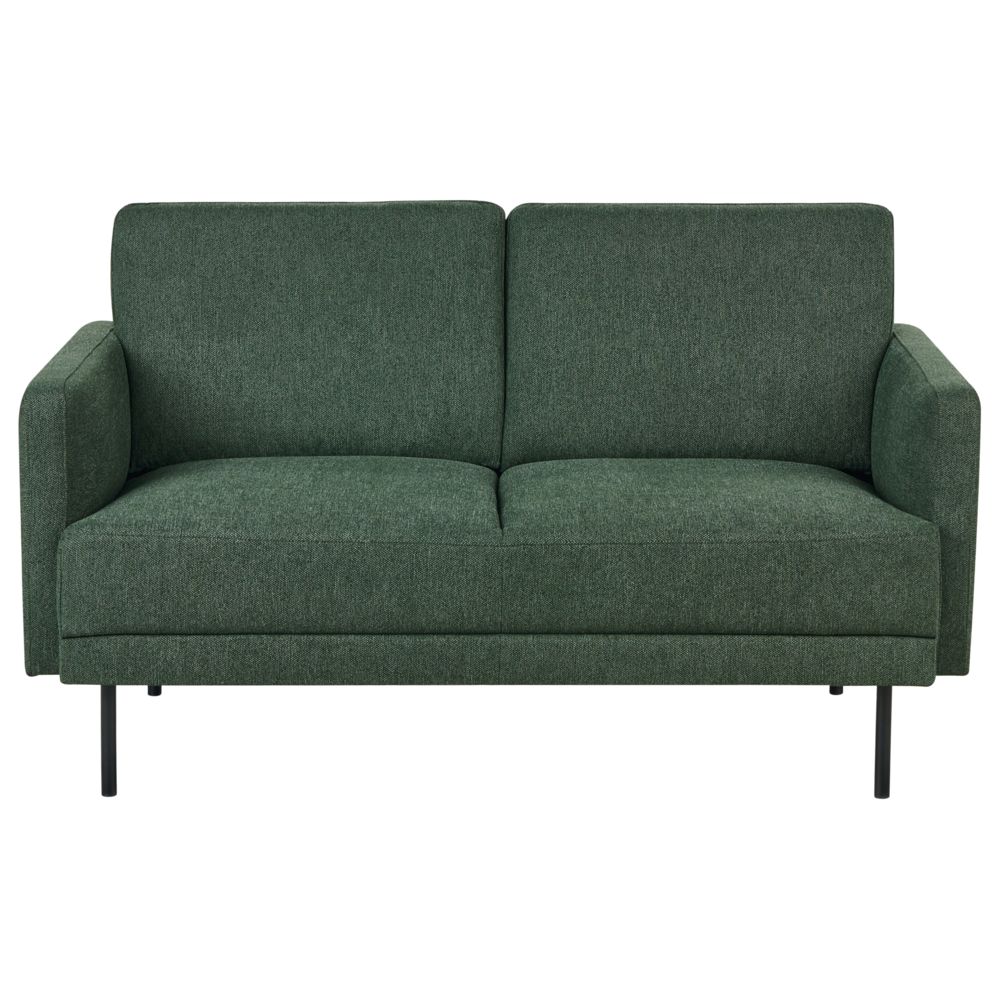 Divano a 2 posti in tessuto verde scuro e gambe in metallo stile moderno e minimalista