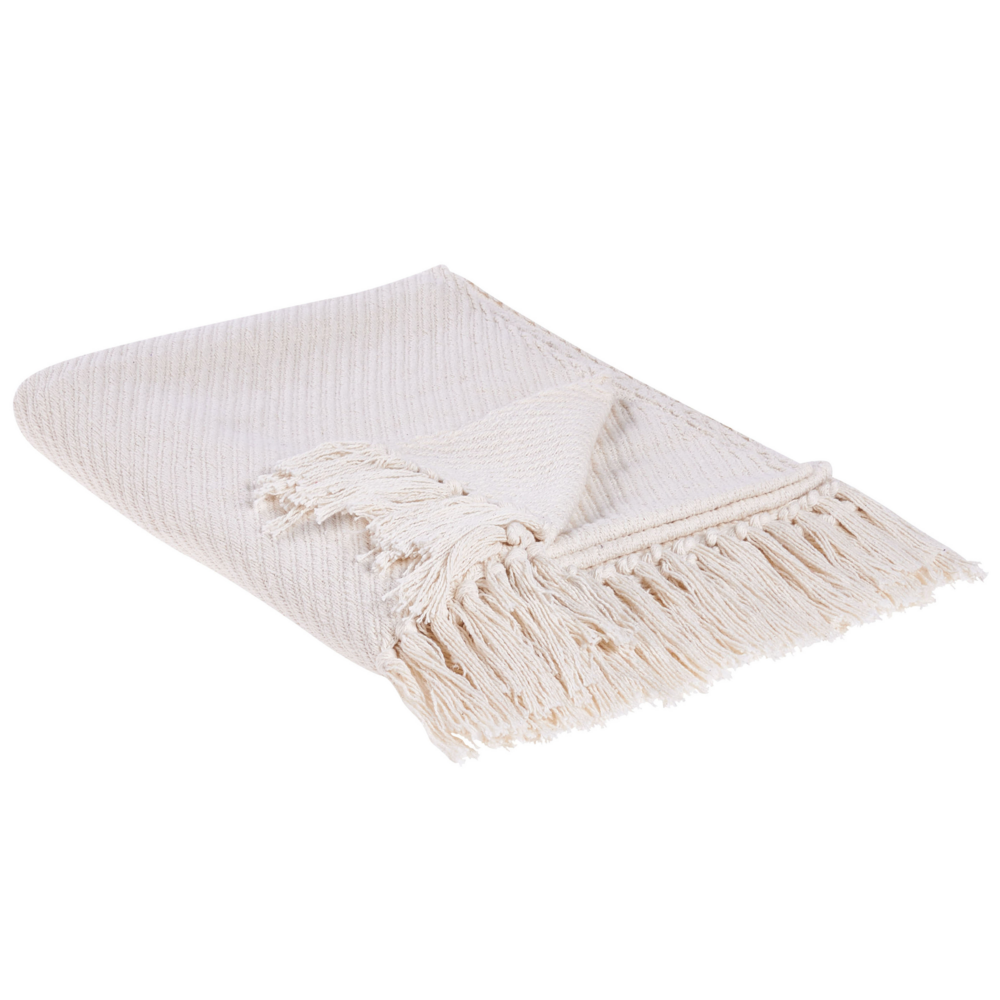Image of Coperta plaid beige in cotone con frange fatta a mano 125 x 150 cm soggiorno camera da letto divano