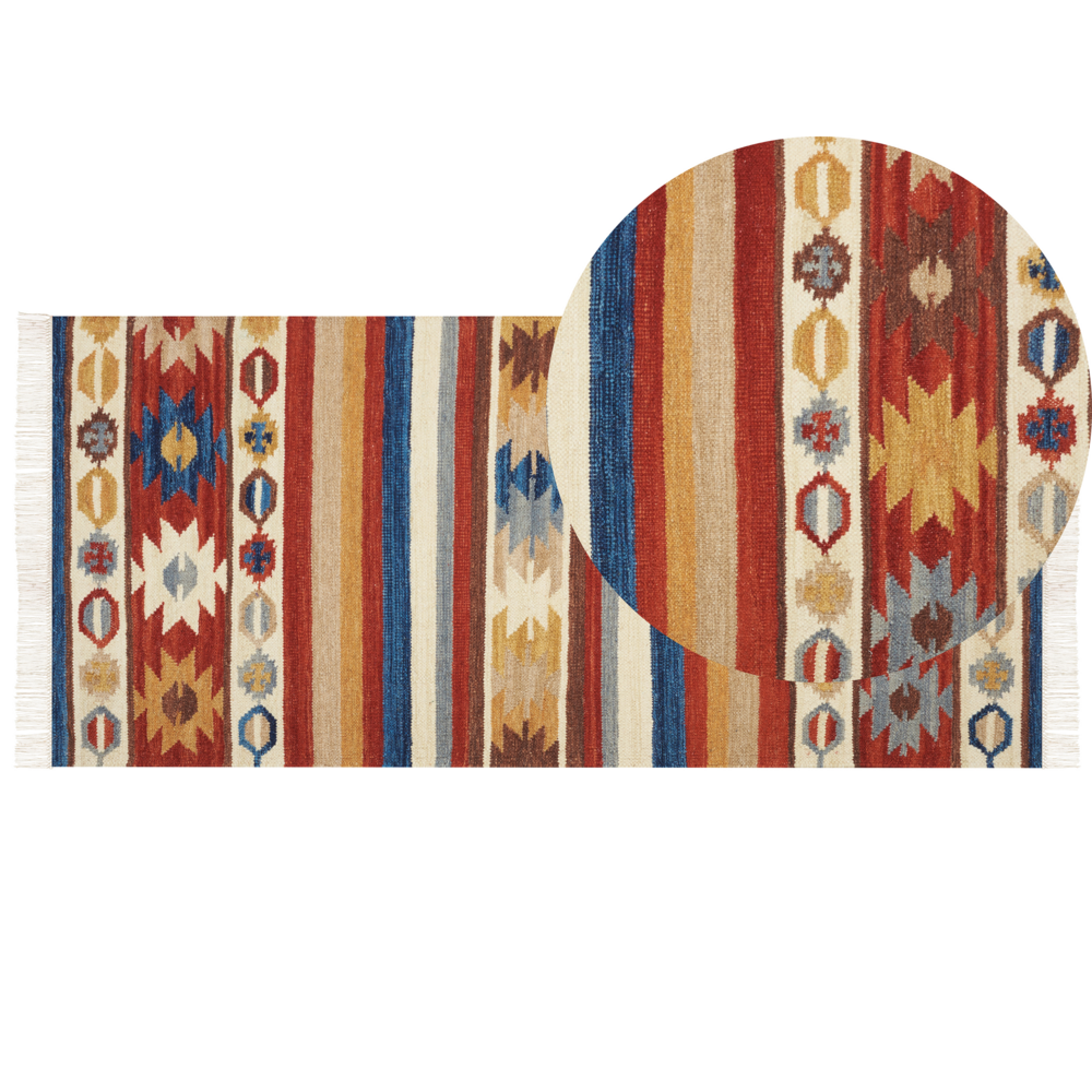 Image of Tappeto di lana multicolore 80 x 150 cm kilim fatto a mano con nappe soggiorno camera da letto