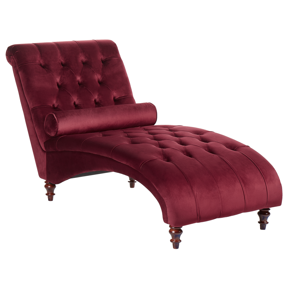 Image of Chaise longue in velluto rosso Chesterfield abbottonato moderno soggiorno Chaise gambe in legno