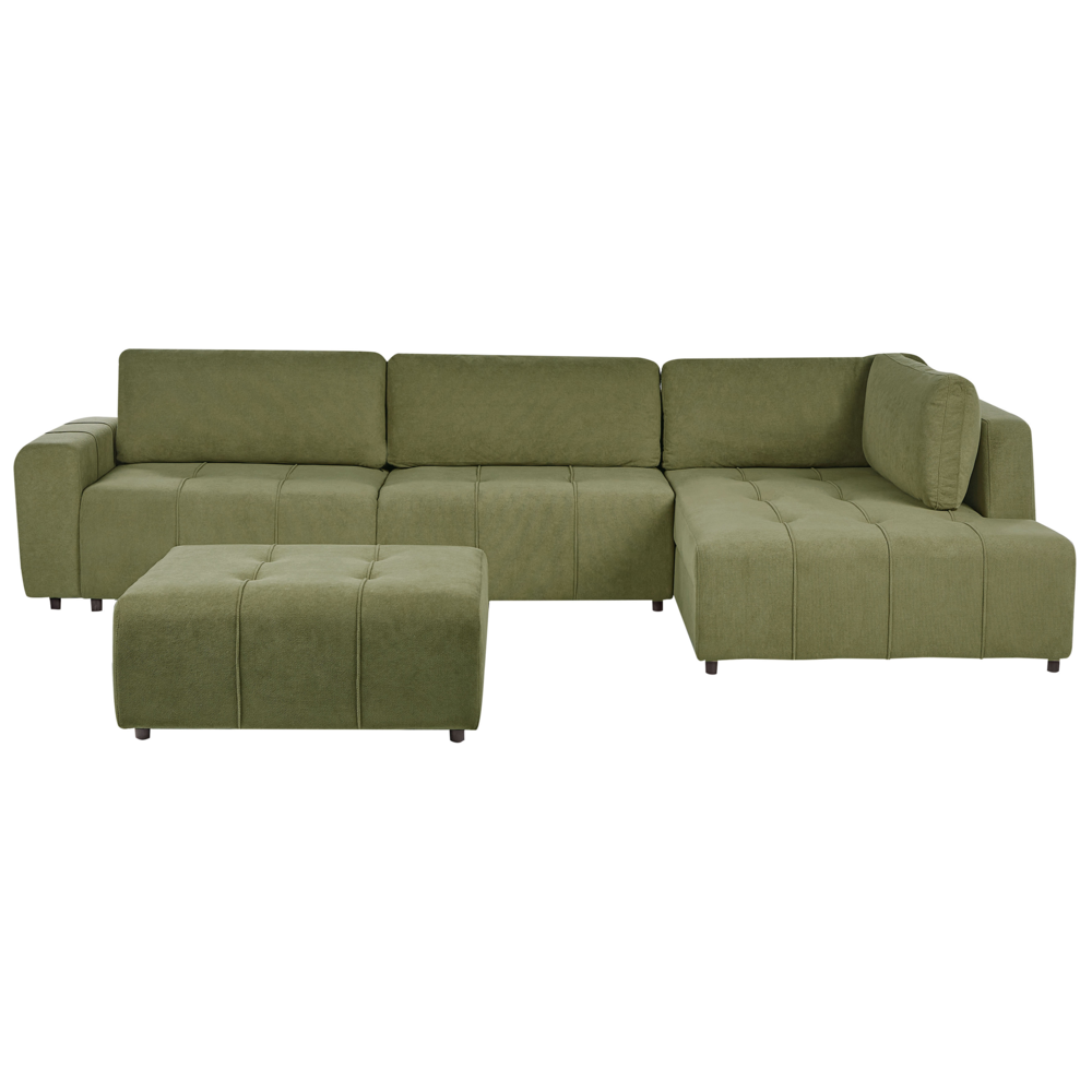Divano letto a 4 posti ad angolo con rivestimento in tessuto verde a sinistra con contenitore e ottomano spesso imbottito