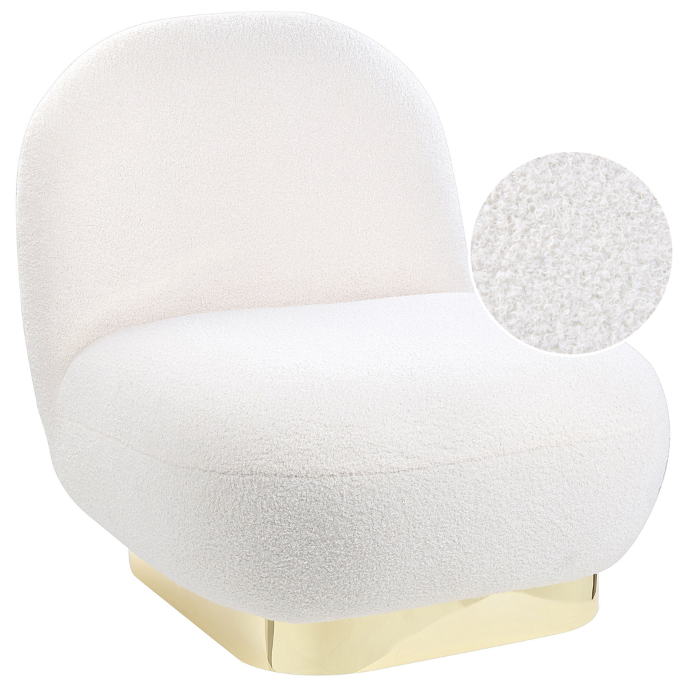 Image of Poltrona bianca in tessuto bouclé con base color oro stile contemporaneo moderno soggiorno camera da letto