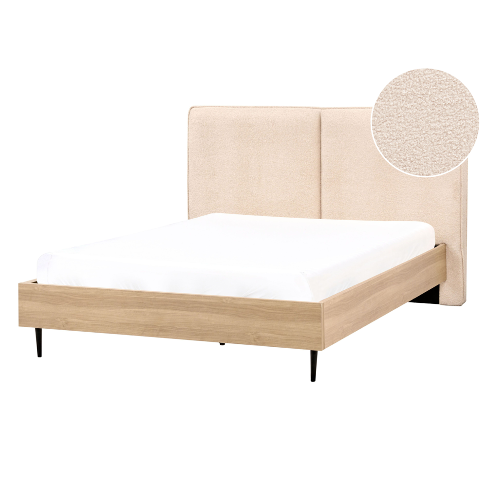 Image of Letto matrimoniale in tessuto bouclè beige con testiera imbottita 140 x 200 cm stile moderno