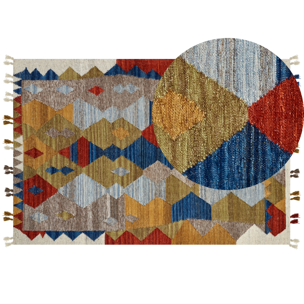 Image of Tappeto kilim in lana multicolore a mano patchwork nappe 200 x 300 cm soggiorno camera da letto