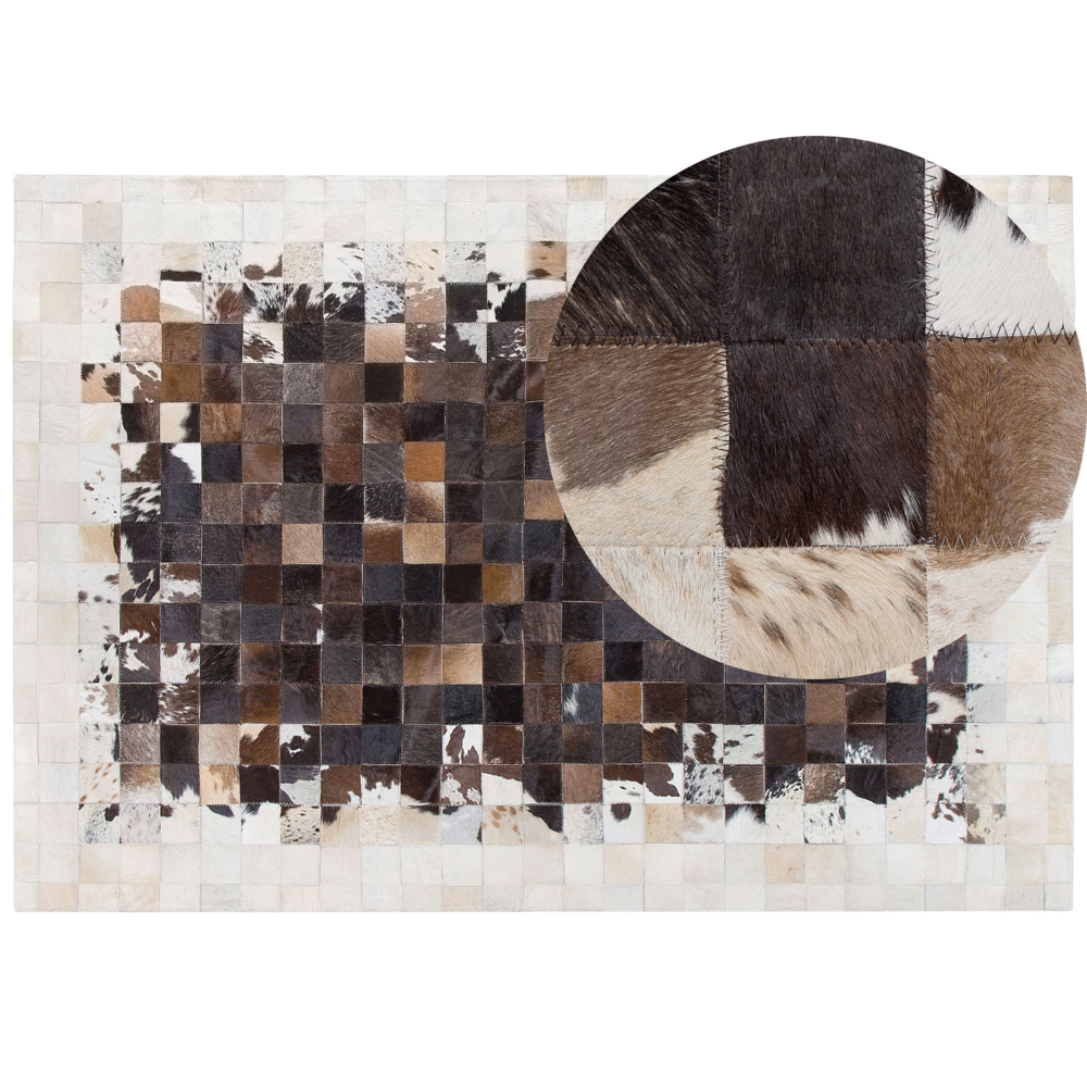Image of Tappeto Marrone con Pelle Beige 160 x 230 cm Moderno Patchwork Pelle Bovina Artigianale