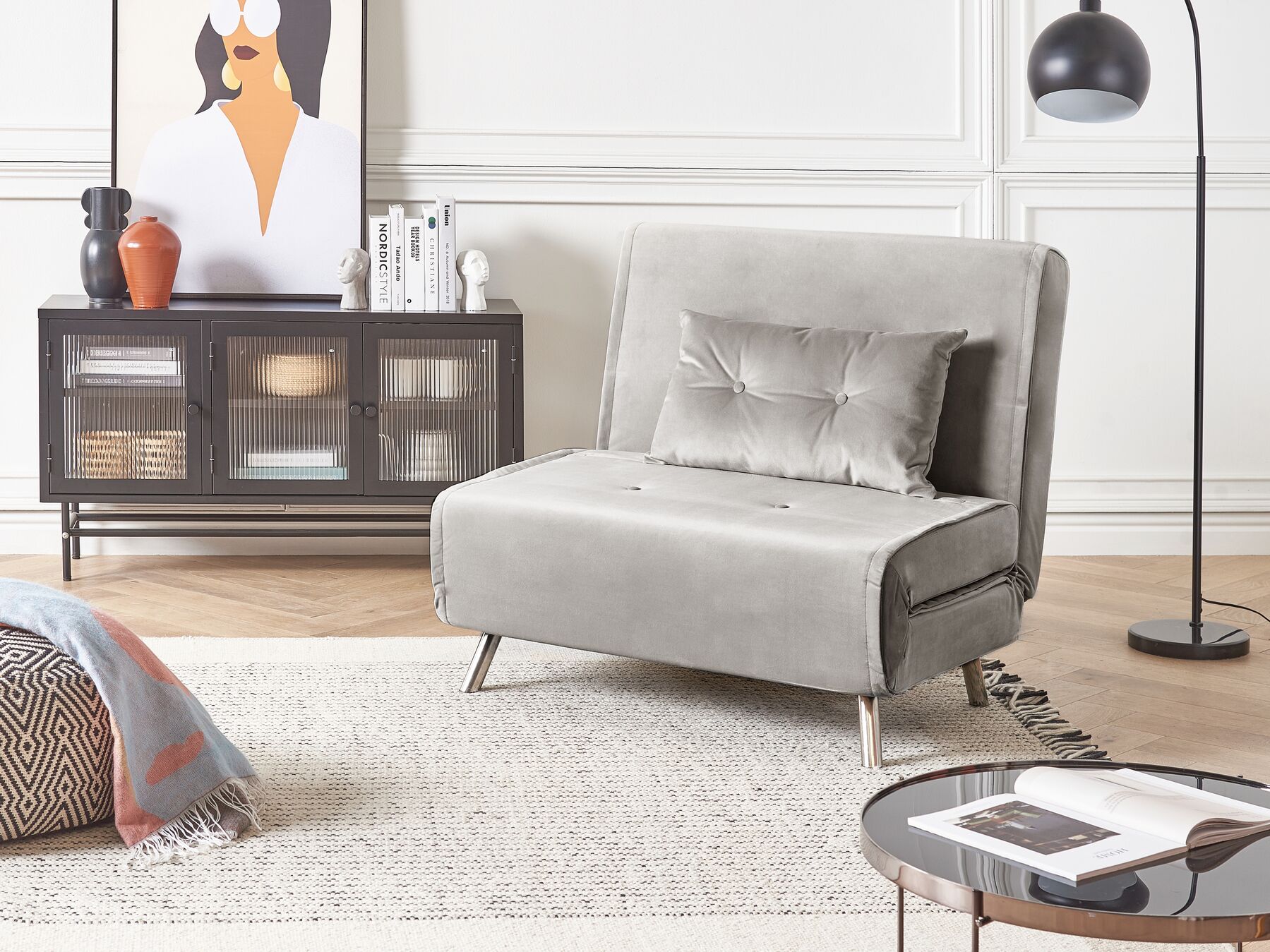 Divano letto singolo in velluto grigio chiaro pieghevole Farris