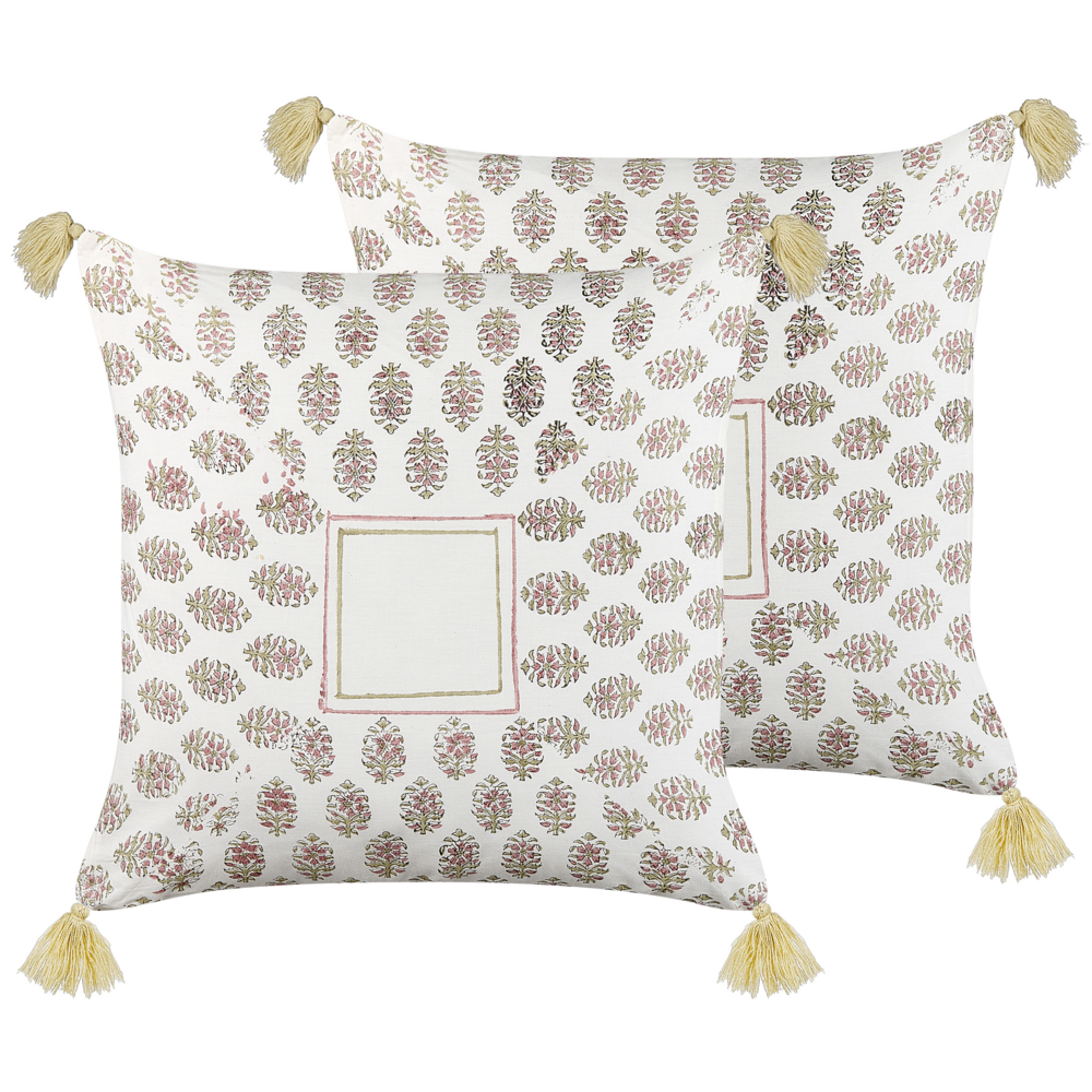 Image of Set di 2 cuscini decorativi cotone multicolore 45 x 45 cm motivo geometrico nappe fatto a mano rivestimento sfoderabile con imbottitura boho style