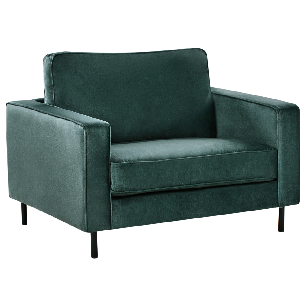 Poltrona in velluto verde scuro con cuscini e gambe in metallo stile moderno minimalista