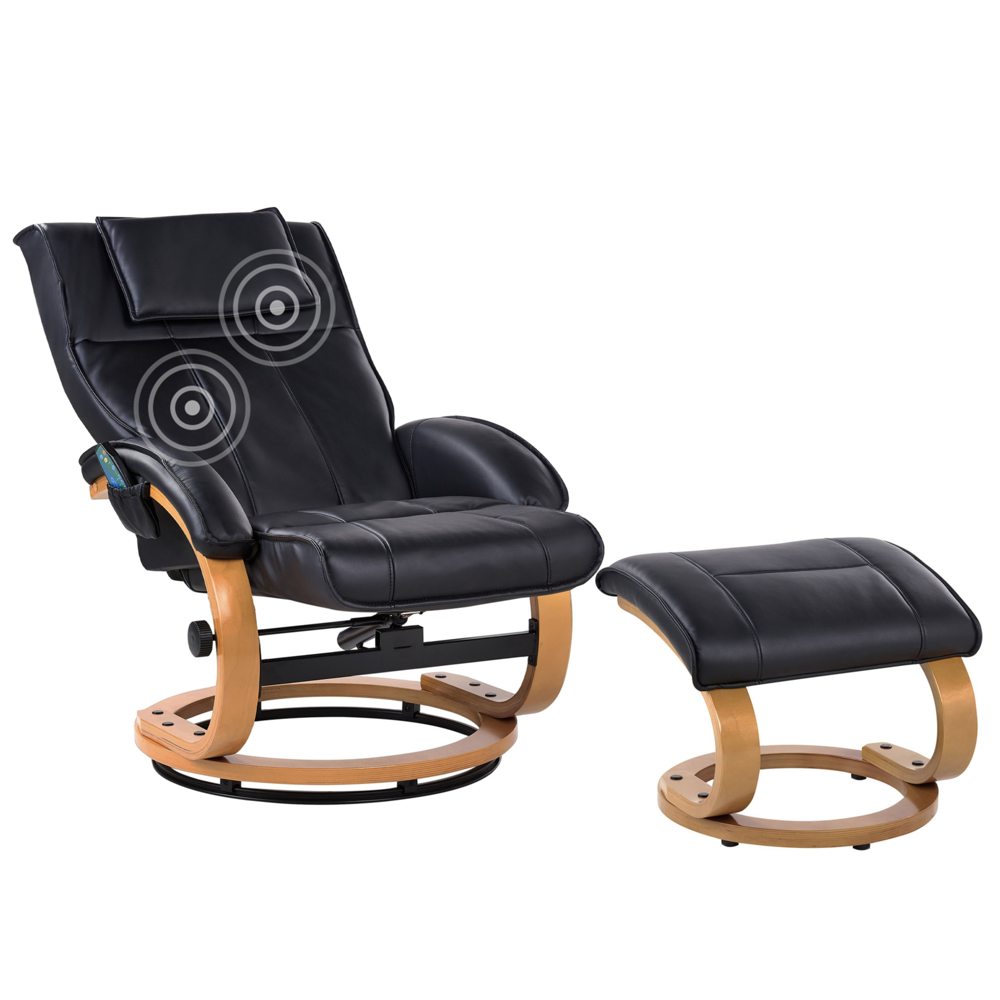 Poltrona reclinabile nera con poggiapiedi in ecopelle imbottita struttura in legno riscaldamento funzione massaggio design retrò