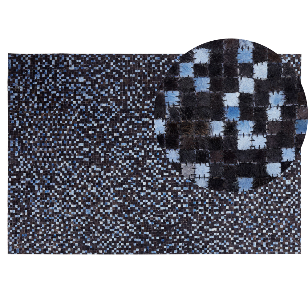 Image of Tappeto tappetino Marrone e Blu in Vera Pelle di Vacchetta Rettangolare 140 x 200 cm Patchwork Boho Decor