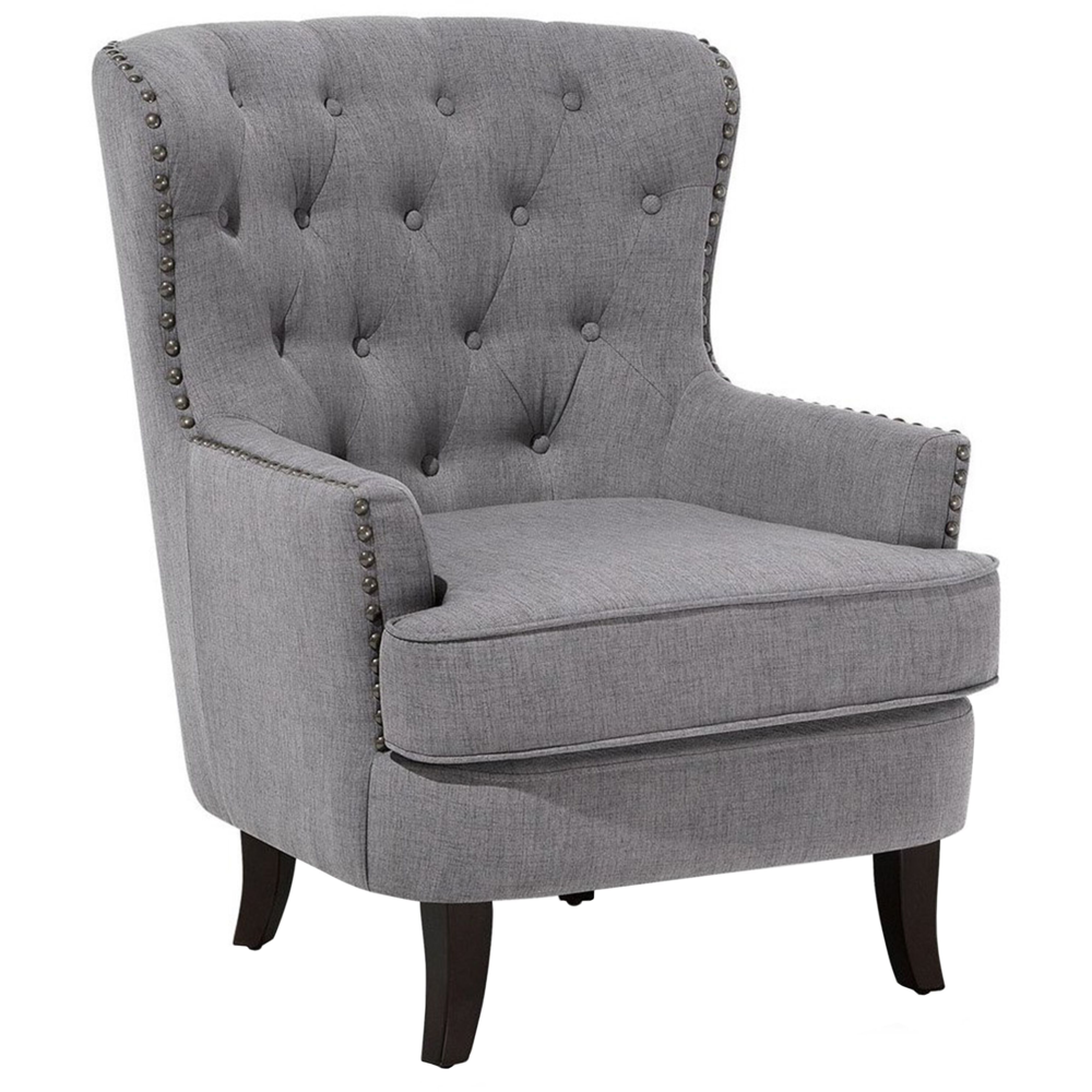 Image of Poltrona Wingback Pulsante grigio chiaro Schienale capitonné Gambe nere Rifiniture a testa chiodata Elegante soggiorno in stile Chesterfield