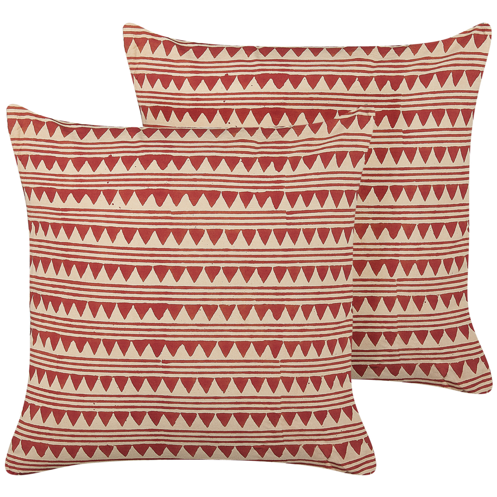 Image of Set di 2 cuscini decorativi rosso e beige cotone 45 x 45 cm motivo geometrico fatto a mano rivestimento sfoderabile con imbottitura boho style