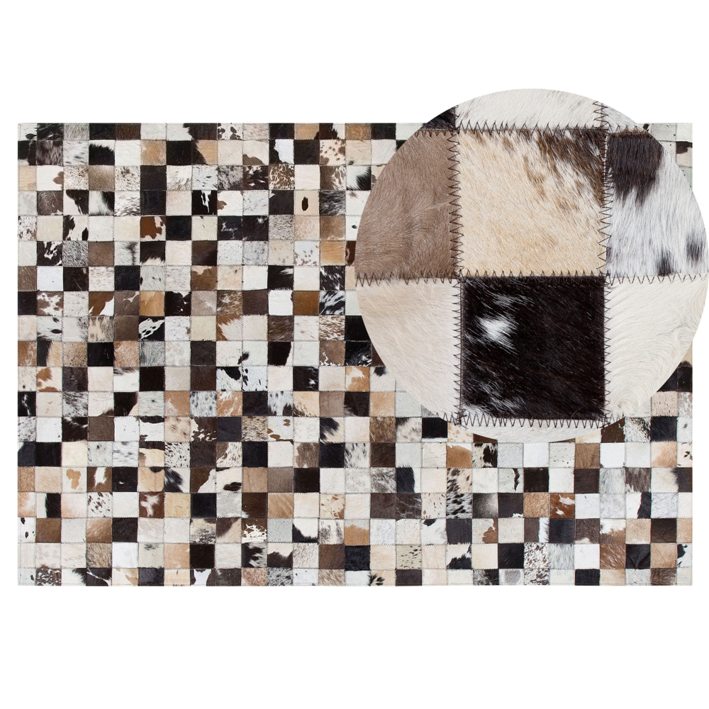 Image of Tappeto Marrone Beige Pelle 140 x 200 cm Moderno Patchwork Pelle Bovina Artigianale