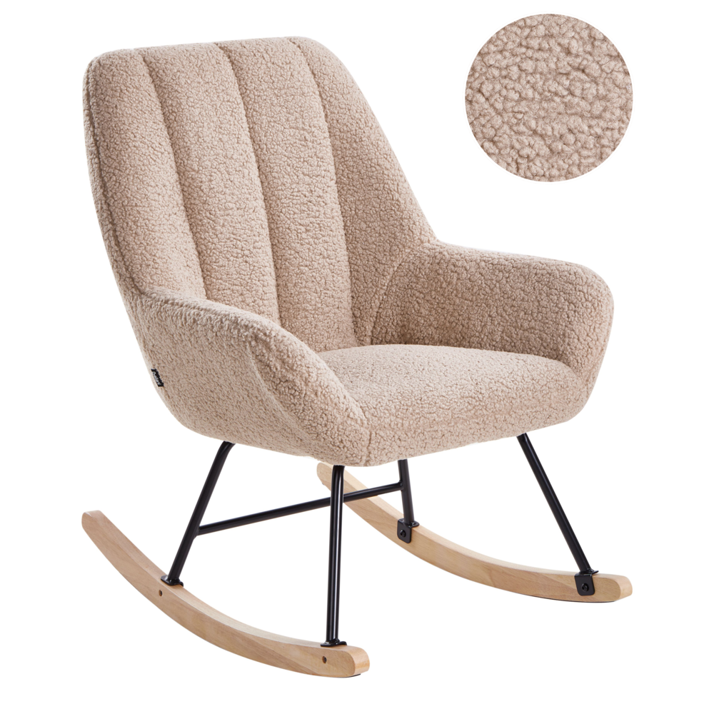Sedia a dondolo Rivestimento in bouclé beige Teddy Metallo Gambe nere Braccioli Ampio schienale Soggiorno