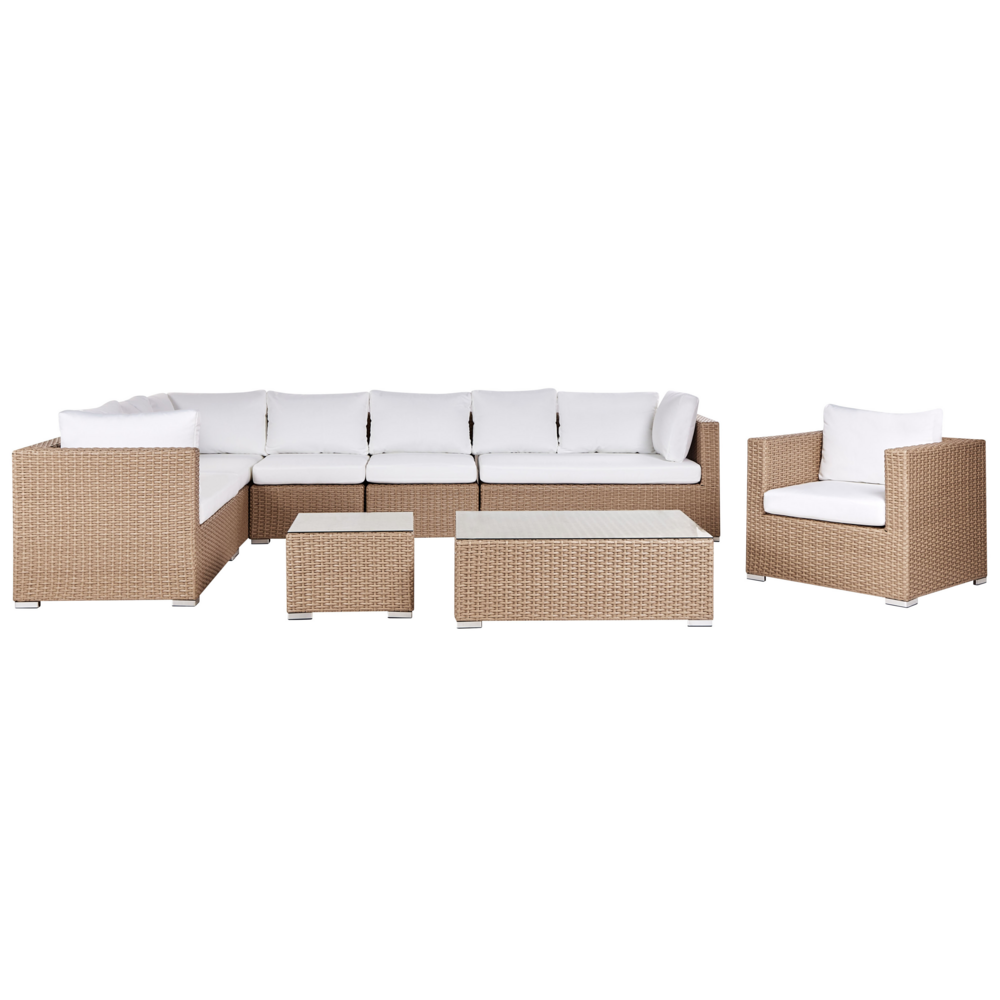 Image of Set da giardino 8 posti in rattan color sabbia lato destro con cuscini beige Divano ad angolo Poltrona Tavolino da caffÃ¨