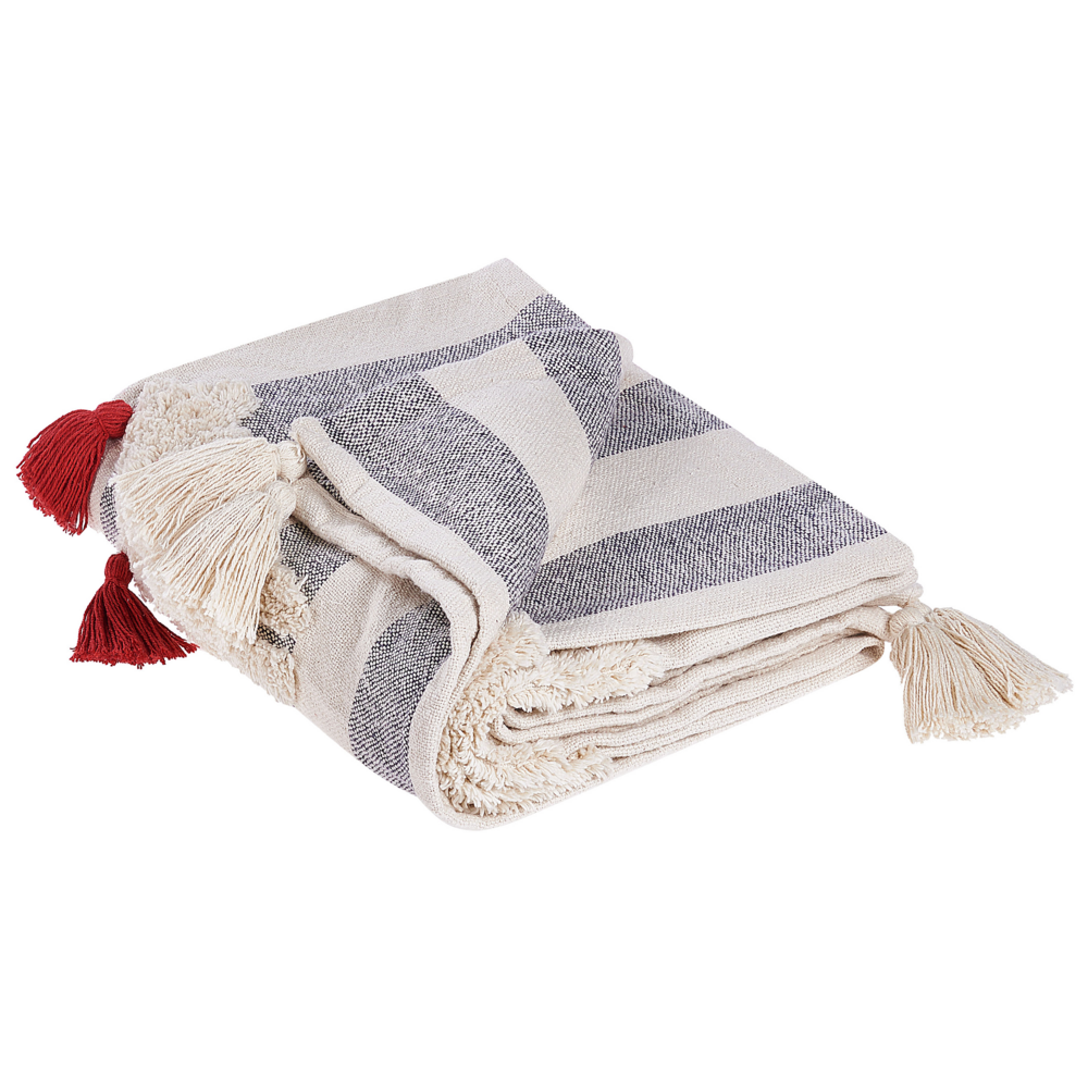 Image of Plaid bianco e grigio in cotone copriletto a righe con cavalli 125 x 150 cm divano soggiorno camera da letto