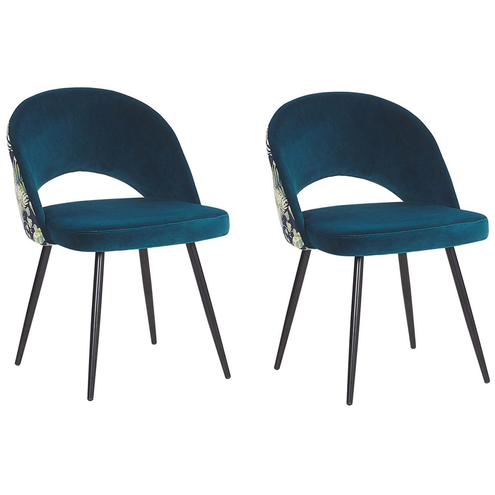 Image of Set di 2 sedie da pranzo in velluto blu gambe in metallo Nero verniciato a polvere con motivo floreale sul retro ritagliato