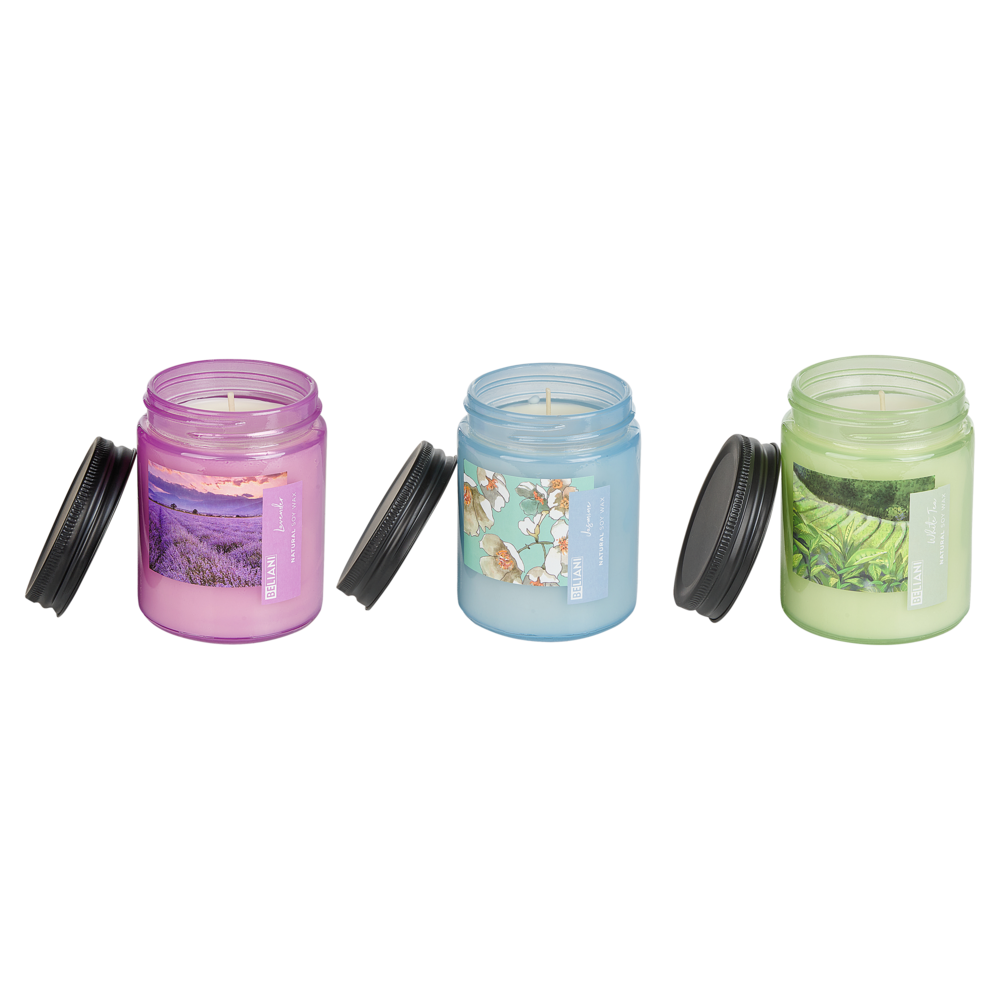 Image of Set di 3 candele profumate multicolore 100% cera di soia stoppino di cotone vetro fragranza tè lavanda gelsomino