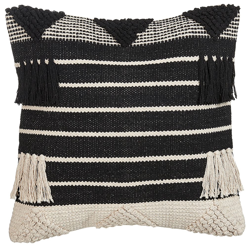 Image of Cuscino decorativo cotone beige e nero 50 x 50 cm motivo geometrico nappe Fatto a Mano Sfoderabile con Imbottitura
