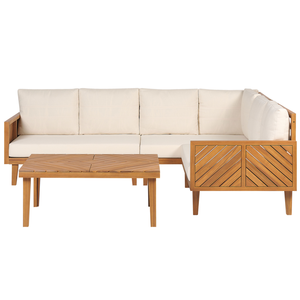 Image of Set divani da giardino in legno di acacia cuscini beige chiaro 4 posti con tavolino design moderno set conversazione per esterni