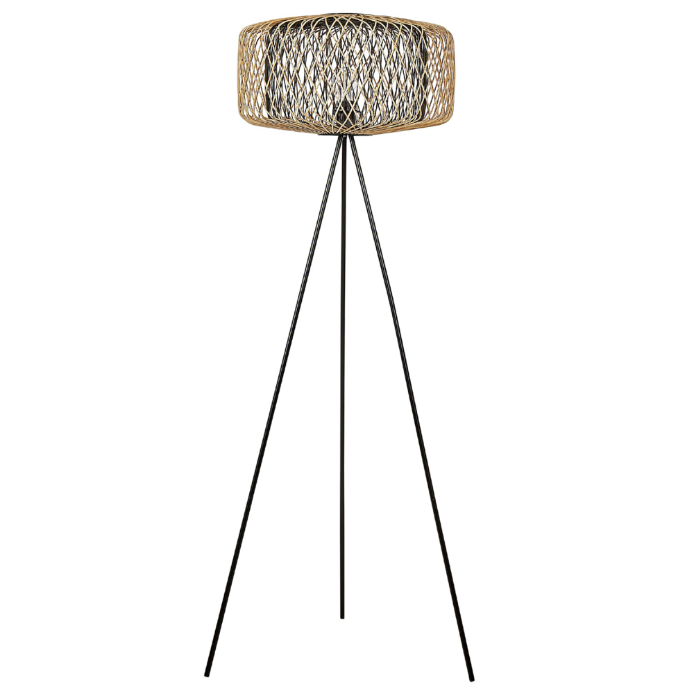 Lampada da terra a stelo in bambù con paralume aperto e base in metallo 120 cm naturale e nera soggiorno stile boho