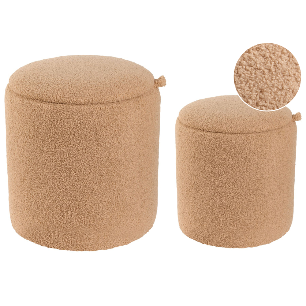 Set di 2 pouf con contenitore Boucle Marrone chiaro Tessuto Teddy Rotondo Pouf imbottiti Moderno